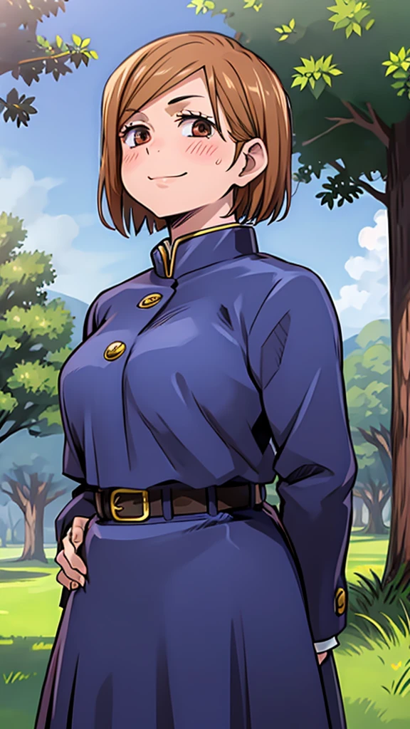 NobaraKugisaki, gakuran,cropped jacket, belt,high-waist skirt, blush,looking up,closed mouth,smile, chubby, chubby girl, park, sunny day, happy eyes, chubby belly
