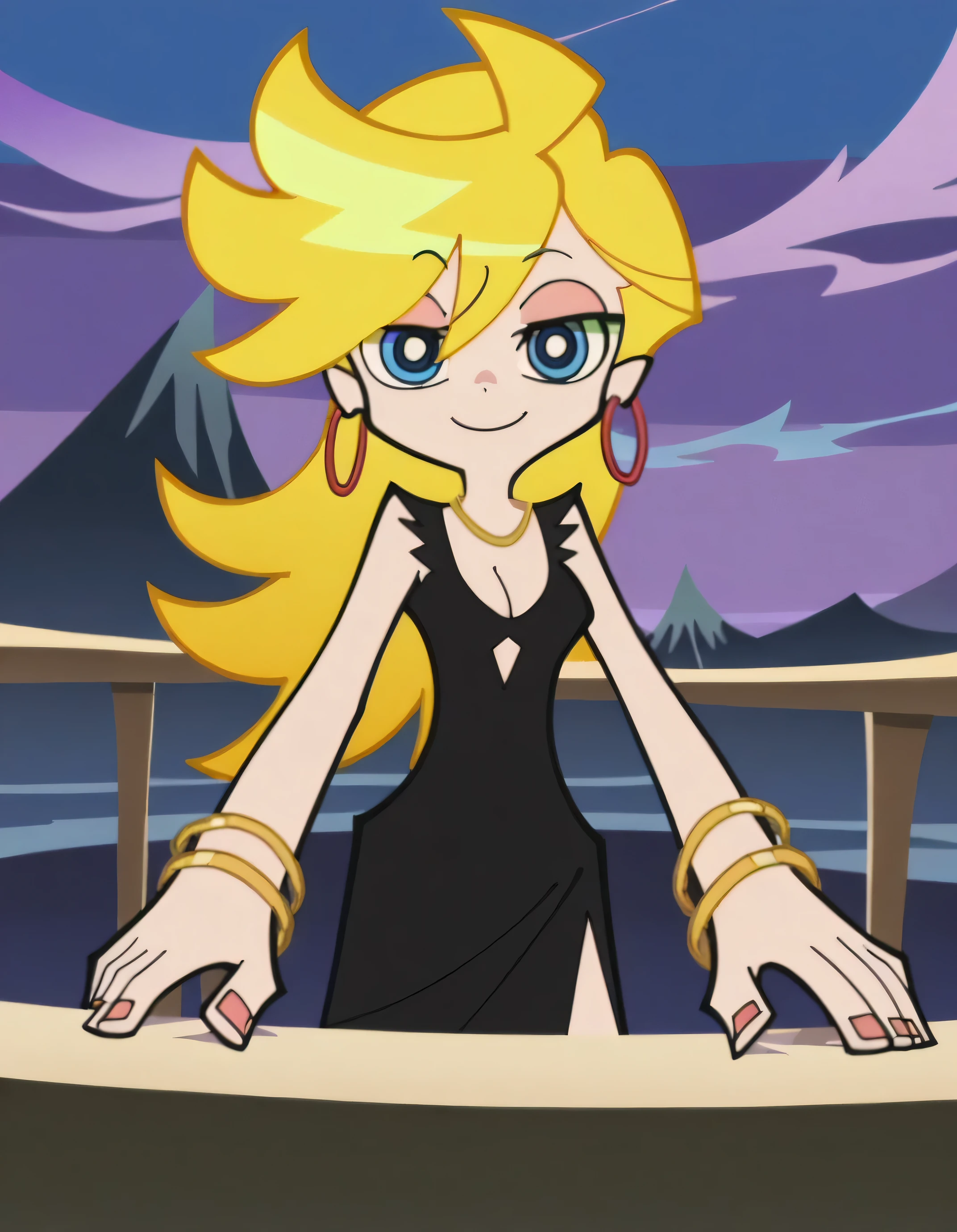 p&s style, rating_safe, score_10, sharp, anime screencap, flat shadows, flat colors, panty, blonde hair, black dress, sleeveless, hoop earrings, bare shoulders, cleavage, night sky, hills and mountains, smile, blue eyes, standing up straight on the balcony, and stars sparkles, in the center, looking at viewers