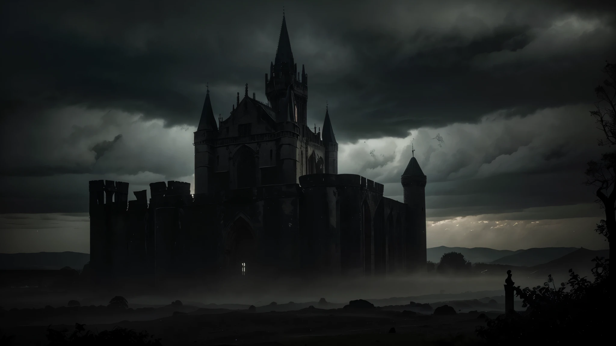 a dark and gloomy gothic landscape, haunting and mysterious, towering gothic architecture, ancient castle ruins, moody cloudy sky, dramatic lighting, eerie atmosphere, deep shadows, moody color palette, muted tones, mist and fog, bare twisted trees, overgrown vines, crumbling stone walls, medieval architecture, (best quality,4k,8k,highres,masterpiece:1.2),ultra-detailed,(realistic,photorealistic,photo-realistic:1.37),dramatic lighting,chiaroscuro,cinematic,moody,gothic
