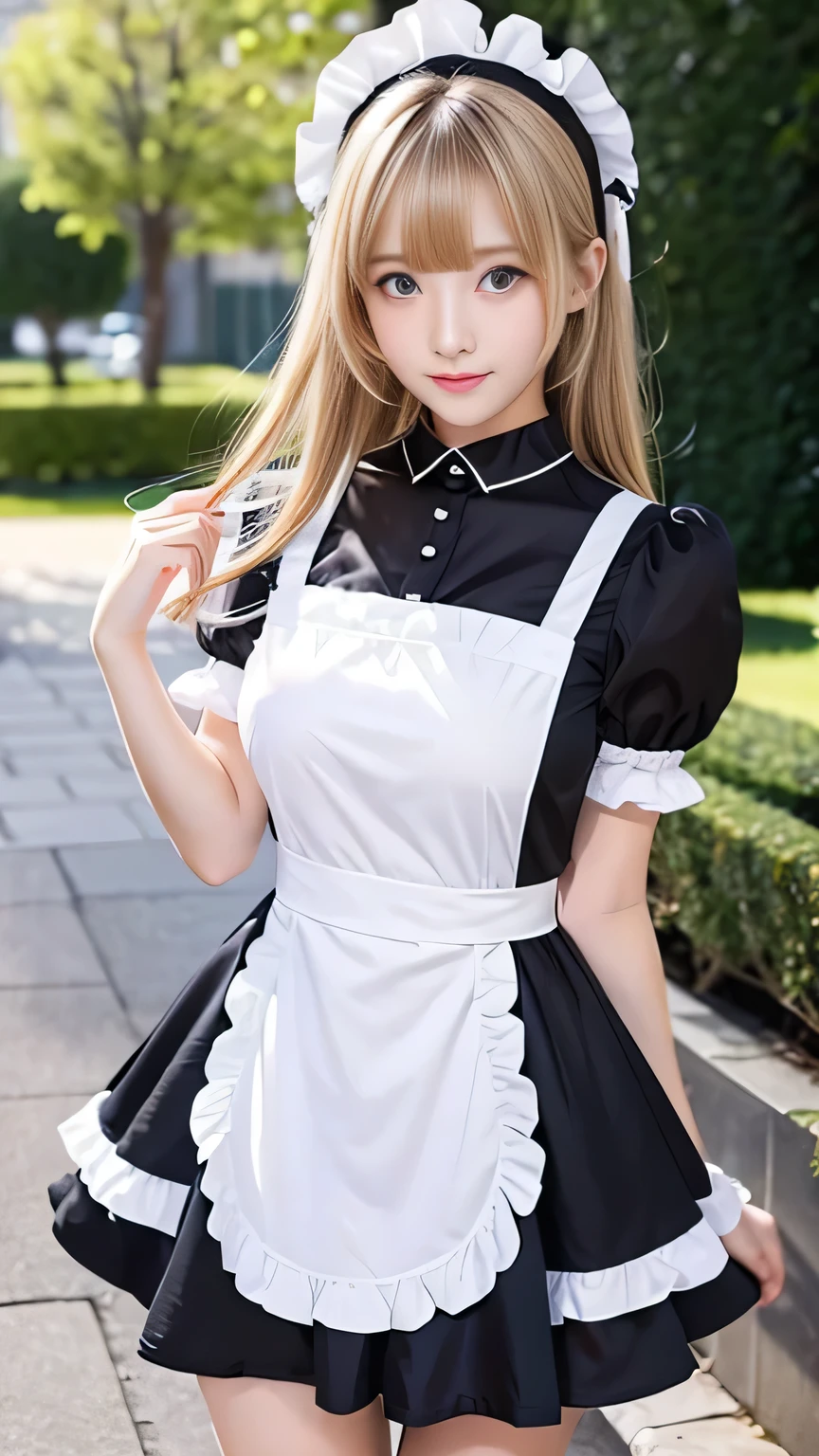 Sexy Big 、A cute 15-year-old girl with a sexy and cute look, beautiful and sexy face、A strong wind blows my hair in front of my face、Straight blonde short hair、beautiful, Cute and sexy eyes hidden behind long bangs、Sexy maid outfit