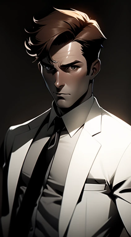  Mid 20s male detective, brown hair, detailed, toned body, simple, Noir et blanc, monochrome, looking at viewer, plain looking, white shirt and tie, gritty, unshaven