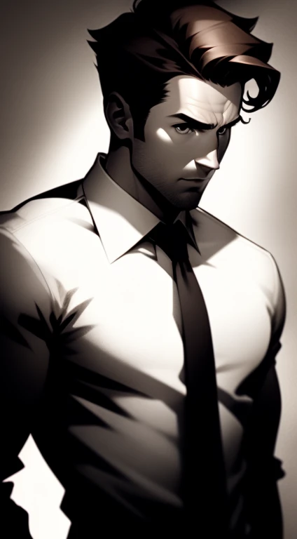  Mid 20s male detective, brown hair, detailed, toned body, simple, Noir et blanc, monochrome, looking at viewer, plain looking, white shirt and tie, gritty, unshaven