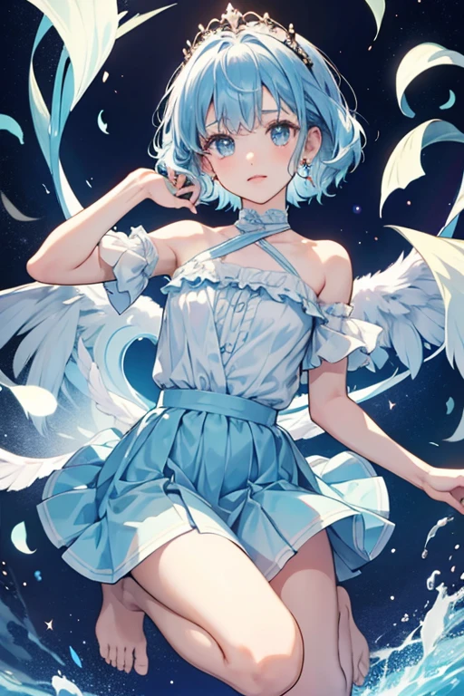 Rin's hair was shorter and she had only four bangs. She didn't have a Fairilu Tiara yet, and had one single blue star on the right side of her head. Also, the strand of hair that is between her hair and ears were shorter. Her highlight was at the end of her eye. She didn't wear her earrings, and she still wore a light blue tube top. She wore a short light blue skirt, had no shoes, and her wings were small light blue wings.