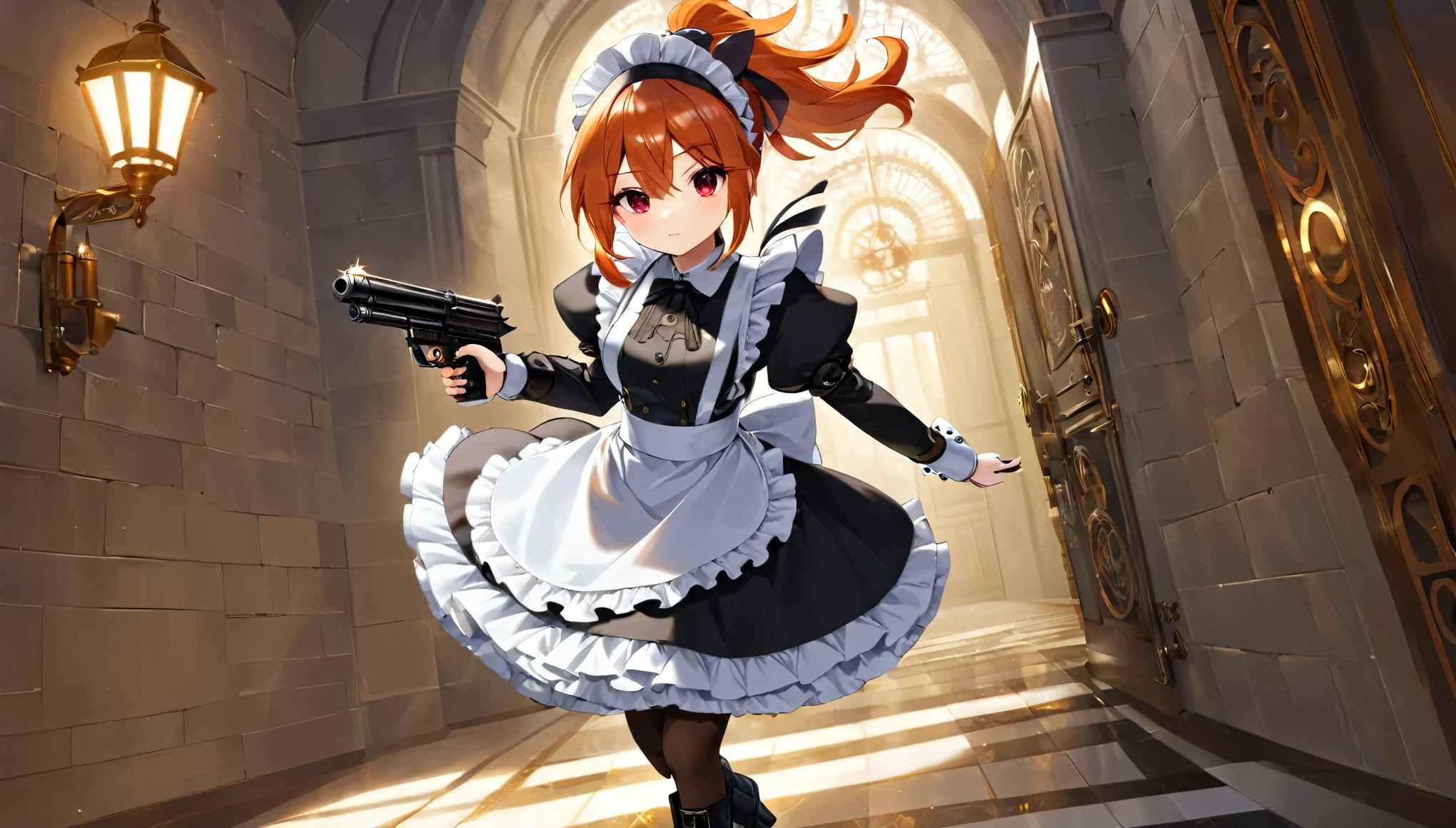 (best quality,4k,8k,highres,masterpiece:1.2),ultra-detailed, (1girl) A cute teenage gunslinger maid with red eyes, drawn in anime style, spiky ginger hair in a long ponytail, victorian fashion, wearing a cute black maid dress with puffy sleeves, corset, tactical gear, light armour, petticoat, bloomers, a frilly headband, a frilly white apron, high-heel boots, ribbons, wielding a gun, steampunk style, guarding a castle hallway, extremely detailed eyes and face,longeyelashes,volumetric lighting,cinematic lighting,protective posture,dramatic close up,highly detailed texture,intricate details.