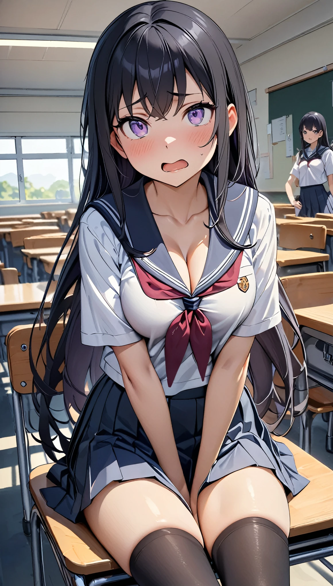 (cute eyes), (8K、Best image quality、highest quality、masterpiece)、Detailed face、Improve、(Black Hair, Purple Eyes, long hair)、(open mouth), (embarrassed), (skinny body),(medium breasts), (school uniform), (cleavage), Sit on a chair, Classroom Background, (black stockings), (Thighs), (Waistline)