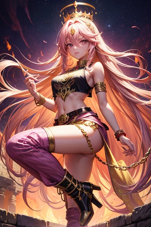 Woman in her 30s, long yellow hair, long messy hair, pink eyes, djinn clothing, open pink sleeveless vest, pink vest with black Arabic print, gold Arabic pants, gold belt, djinn bracelet with gems, brown boots, boots brown, phosphorescent violet tattoos, surrounded by fire and violet smoke with magic circles with chains tied to hands and feet surrounded by white chains on a background of Arab ruins. with magic circles and a crown of fire on his head, slim build