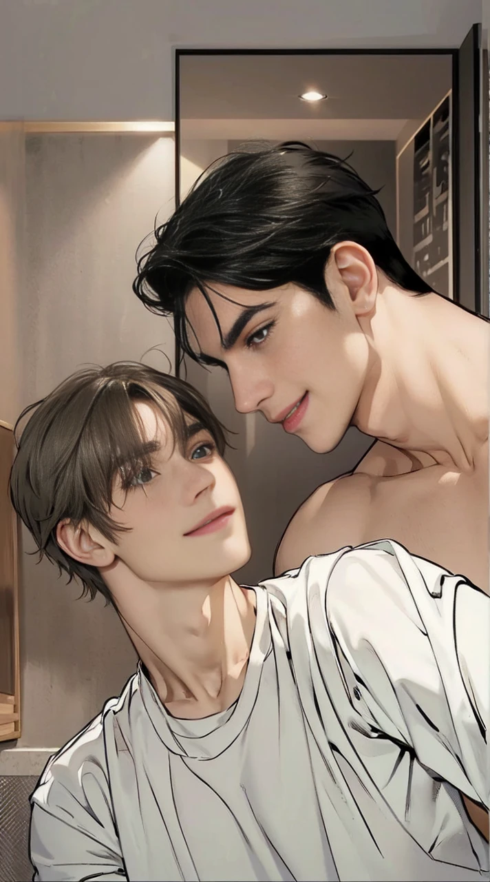 2 male, hugs ,smiling, beautiful man and cute boy ,two men, friend Masterpiece of man, Adult man with firm facial features like an Dutch, black eyes, his nose is sharp, mature, black eyes, neat short black hair, very handsome, white, clean, smooth skin, muscle man, background realistic, naked body sixpack,