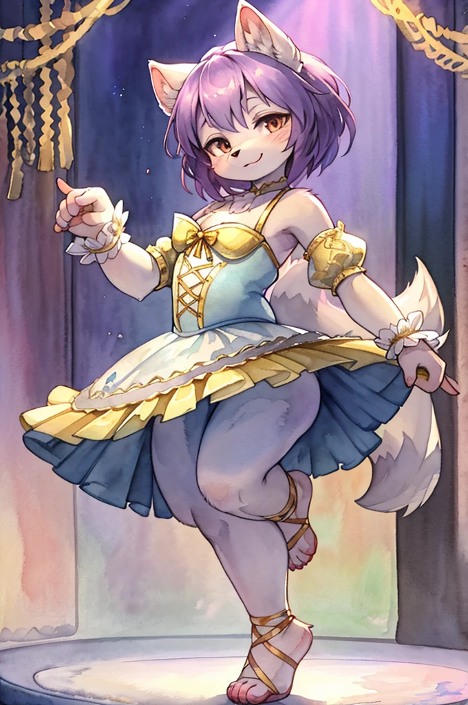 closeup face , hairy racoon dog lady , hairy fur , round face , (tilt face:1.2) , (half-open eyes) , Swollen cheeks , glossy lips , euphoria smile ,(barefoot:1.2) , (look away:1.2) ,relax ta costume , hair ornaments , Drawers , Theater stage , Dancing ballet on the stage , dynamic dance , dim light , En face ,croisee , efface , En avant , En bar , En haut , a la seconde , allonge , Move limbs widely , rear Bokeh , front view , side view , top view , from below , back shot , (jump) , (pale watercolor:1.5), Picture book illustrations , Simplified depiction , (Painting yourself)