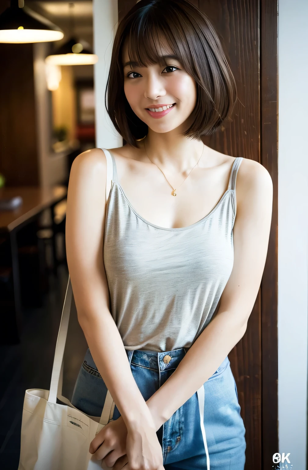 ((8k:1.27)、highest quality、masterpiece、超A high resolution:1.2)Photo Beautiful Japan woman(Comfortable:1.1) (shirt:1.21) grace、good、Gradient lighting、One Girl、Delicate skin、Look at this、Brown eyes、(Short hair with bangs:1.2)、(Large breasts:1.0)、(middle breast wheel:0.8)、(Realistic:1.4)、(highest quality:1.0)、(超A high resolution:1.0)、8k、stand、Stand upright、Raw photo、(masterpiece:0.2)、(Pure Eros Face v1:0.5）、 Solid Fold Pleated Detail Tube Top、White clothes、necklace、Kamimei、date、Excited expression、Red cheeks、What can I do for you?、Staring at this、theme、Tilt、Firm Cheeks、Look at this、smile、Futomo、Sandals、Beautiful thighs、A little chubby、Beautiful thighs、Angle from the front、Composition looking up from a little below..、Stand up straight in front of the camera、tote bag、Look forward、Arms crossed、Ginza at night、Backstreets、Cloudy、Street lamp、Business Suite、A refreshing smile、Put your hair up、A kind smile、