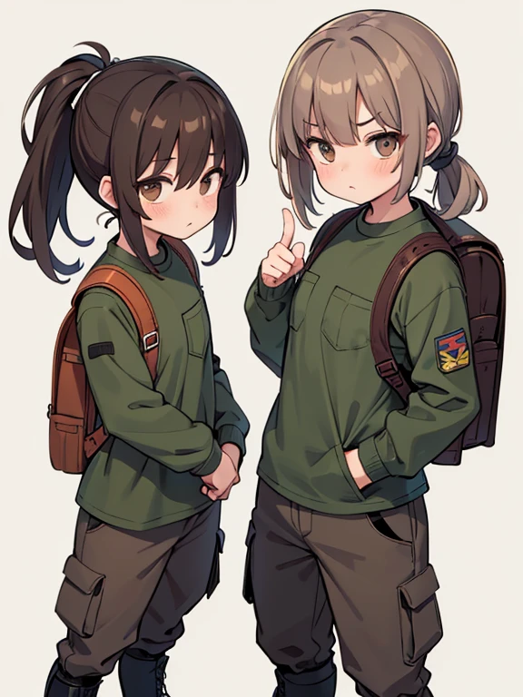 Two characters in a scene boy and girl (absolutely identical twins brother and sister)with the same cute beautiful girlish features, The first character is a handsome, modest, round-faced, brown-eyed boy with an ideal masculine physique., with semi-long brown hair tied in a ponytail, Military style (marsh color T-shirt, military style trousers with patch pockets, massive high infantry boots, backpack), and the second character is strong, very muscular feminist girl with aesthetic small breasts with beautiful erect nipples, with very tousled shaggy semi-long brown hair, hair between the eyes, Brown eyes, beautiful face, an athlete with well-developed proportional muscles, khaki racer jersey(absolutely no bra), military style trousers with patch pockets, massive high infantry boots, backpack; talk to each other, different emotions, free pose, free interaction with each other, against the backdrop of the realistic nature of central Russia