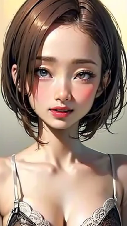 (Top quality masterpiece:1.2) Delicate illustrations, Very detailed, /Beautiful Japanese Women、1 person,Very cute and slim、Great style 、((8k images、super high quality))、Very delicate face, beautifule forehead、Large Breasts、Bright red lipstick,(((((short hair、Light brown hair、Blonde Hair))))),very cute、Kind eyes,((((lingerie))))