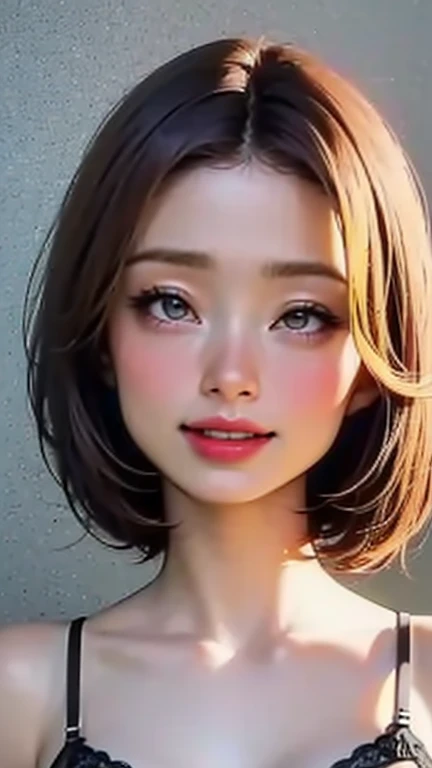 (Top quality masterpiece:1.2) Delicate illustrations, Very detailed, /Beautiful Japanese Women、1 person,Very cute and slim、Great style 、((8k images、super high quality))、Very delicate face, beautifule forehead、Large Breasts、Bright red lipstick,(((((short hair、Light brown hair、Blonde Hair))))),very cute、Kind eyes,((((lingerie))))
