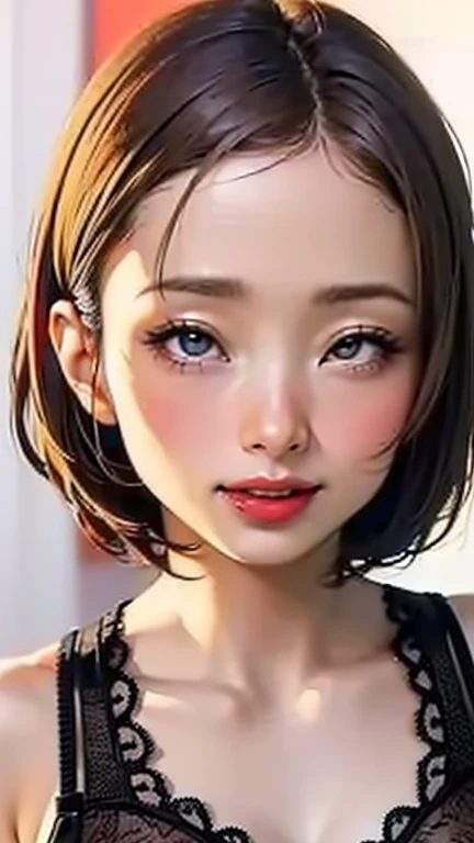 (Top quality masterpiece:1.2) Delicate illustrations, Very detailed, /Beautiful Japanese Women、1 person,Very cute and slim、Great style 、((8k images、super high quality))、Very delicate face, beautifule forehead、Large Breasts、Bright red lipstick,(((((short hair、Light brown hair、Blonde Hair))))),very cute、Kind eyes,((((lingerie))))