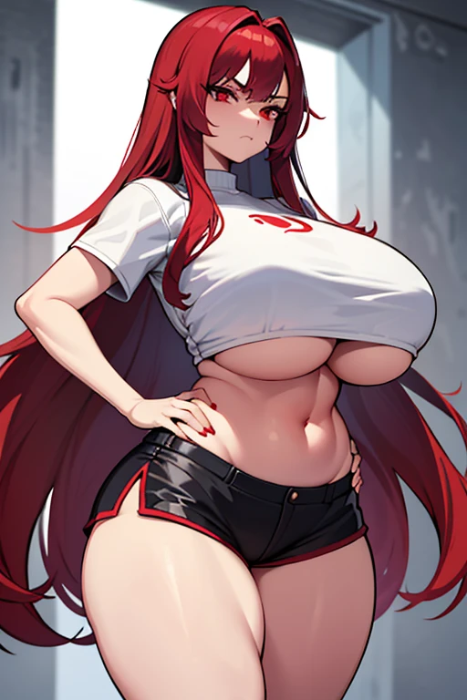 Masterpiece, best quality, 1 girl, long hair, big bust, ((Red Hair)), ((long hair)),((White crop top)),Black Tight Shorts,,Sensual,Red eyes,Serious, emotionless, adulan, seductive, hands on hips, ((chubby body)), ((Nice Thighs, Huge , Huge Breasts))