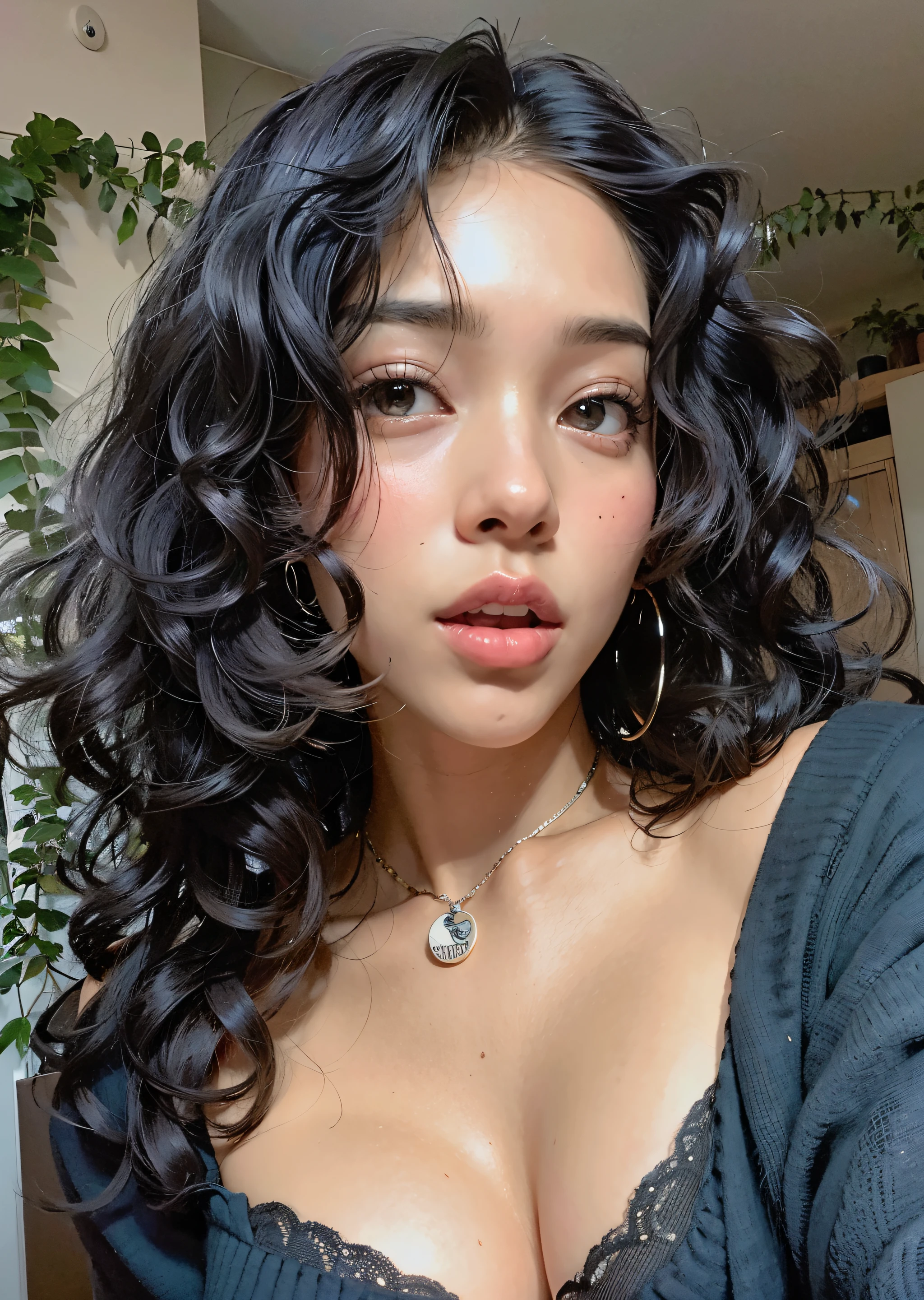 there is a woman with a very large breast posing for a picture, encaracolado middle part haircut, black encaracolado hair, encaracolado haired, black long encaracolado hair, long black encaracolado hair, encaracolado, encaracolado dark hair, Tessa Thompson inspirada, encaracolado hair, long wild black encaracolado hair, seu rosto emoldurado com cachos, encaracolado black hair, with long encaracolado hair, with long encaracolado