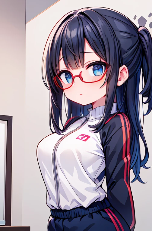 (1 with glasses:1.3, Sozinho), (Audrey Hepburn:1.3), (uma mulher japonesa extremamente bonita e linda), (garota sexy), (Traje profissional:1.3), (22 anos de idade: 1.1), (De baixo:1.3), (low angle:1.3), (ground level shooting:1.3), (menina no topo:1.3), (arms behind the back between the legs:1.3), (attractive random pose:1.3), (no quarto da rainha:1.3), (Olhar para baixo:1.3), (starring for you:1.3), (vista frontal:1.3), QUEBRAR, (rabo de cavalo:1.3), (cabelo fino preto brilhante:1.2), franja, olhos castanhos escuros, olhos lindos, olhos de princesa, (olhos grandes:1.3), franja, wearing glasses:1.3, cabelo entre os olhos, cabelo curto:1.3, (delgado:1.1), (small-medium breasts:0.95), (cintura fina: 1.15), (linda garota detalhada: 1.4), parted lips, Red lips, rosto totalmente maquiado, (pele brilhante), ((corpo feminino perfeito)), (imagem da parte superior do corpo:1.3), Anatomia perfeita, perfect proportions, (rosto mais lindo da atriz coreana:1.3, rosto de atriz japonesa extremamente fofo e lindo:1.3), QUEBRAR, (Ver visualizador, vestindo um uniforme de colegial, (Incredibly detailed classic tracksuit:1.3), (Shorts esportivos vermelhos:1.3), roupas detalhadas, QUEBRAR, (fundo detalhado do quarto da rainha elegante:1.2), (fundo escuro), (soft studio lighting: 1.3), (luzes falsas: 1.3), (luz de fundo: 1.3), QUEBRAR, (realista, Fotorrealista: 1.37), (Obra de arte, melhor qualidade: 1.2), (ultra high resolution: 1.2), (Foto CRU: 1.2), (sharp focus: 1.3), (Foco facial: 1.2), (Papel de parede ultra detalhado CG unificado 8k: 1.2), (Pele bonita: 1.2), (pale skin: 1.3), (Hyper sharp focus: 1.5), (Ultra sharp focus: 1.5), (Lindo lindo rosto: 1.3), (fundo super detalhado, fundo detalhado: 1.3), Ultra realista Photo, Hyper clear image, Imagem hiperdetalhado,