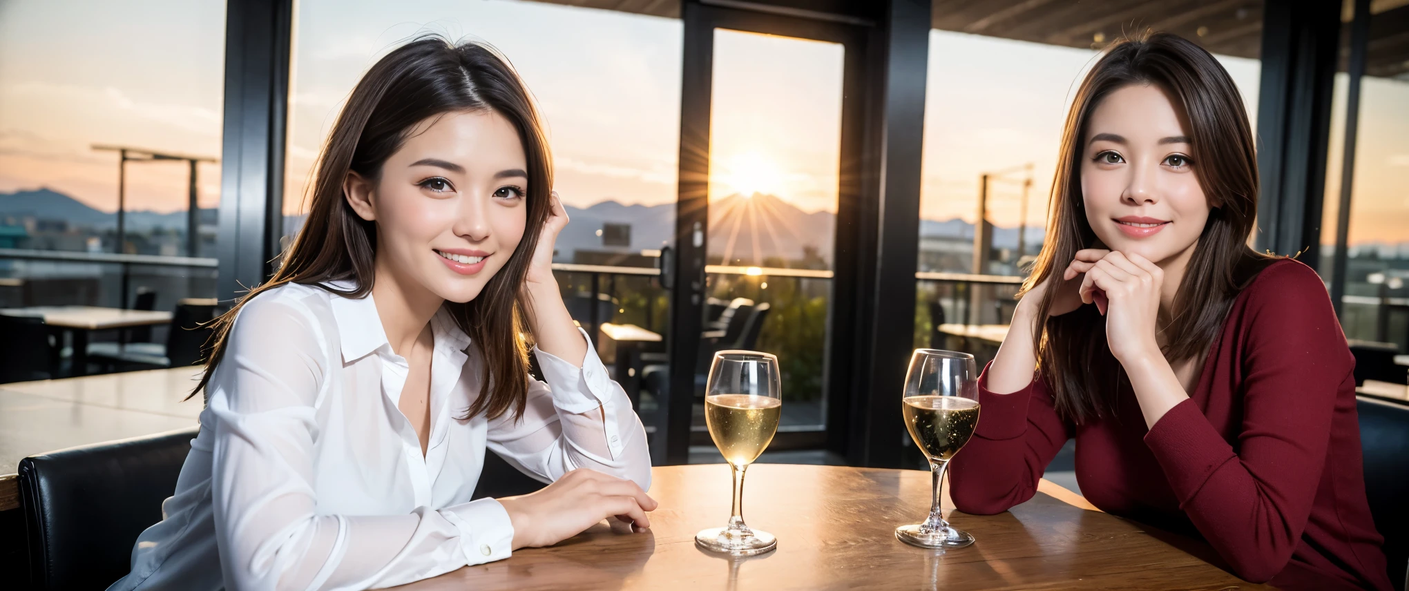 ((highest quality、8k、masterpiece:1.3))、1 male、1 female、Couple、spouse、Couple、Slim body、((Bob Hale、Straight hair:1.2)), (Realistic, Intricate details:1.2), Wine glass on the table、Shine light on your face、 Amazing view of the sunset sky and clouds、Amazing mountain views、A bright smile、The wonderfulness of smile、Bright image、The beauty of wine, Beautiful Face, blue eyes, The light shines on your face, Blushing, short hair,Bright Face、 (Age 37), 42 years old, red wine 、Appetizers、Italian food、Wine bottle、Champagne、sparkling wine、Two beauties、Brown Hair、Shortcuts、Long sleeve shirt、dress、Pretty Woman 1, (Slim face), (The body is slim), (Brown Hair), (Shortcuts), cheeks turn a little red,Attractive beauty、restaurant, In a prominent place (From the waist up) Nova Frog Style, actress, model, Upper Body, White wine, slim, wine glass, Wine glass placed in the center, smile, (smile: 1.15), Beautiful fine grain, Depth f/2,saturation, High Contrast, Strong light and shadow,Moist Body:1.5、3D texture、Delicate eyes、Brown Hair、The hair is very shiny、