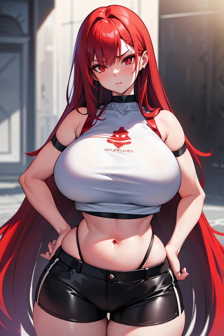 Masterpiece, best quality, 1 girl, long hair, big bust, ((Red Hair)), ((long hair)),((White crop top)),Black Tight Shorts,Sexy,Sensual,Red eyes,Serious, emotionless, adult woman, seductive, hands on hips, ((chubby body)), ((Nice Thighs, Huge , Huge Breasts))
