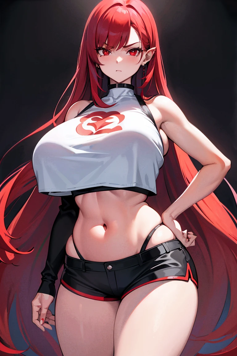 Masterpiece, best quality, 1 girl, long hair, big bust, ((Red Hair)), ((long hair)),((White crop top)),Black Tight Shorts,Sexy,Sensual,Red eyes,Serious, emotionless, adult woman, seductive, hands on hips, ((chubby body)), ((Nice Thighs, Huge , Huge Breasts))