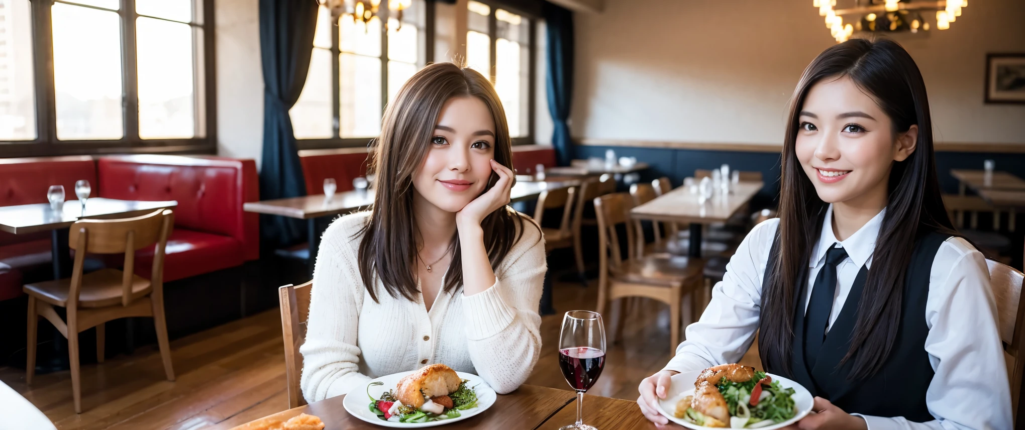 ((highest quality、8k、masterpiece:1.3))、1 male、1 female、Couple、spouse、Couple、Slim body、((Bob Hale、Straight hair:1.2)), (Realistic, Intricate details:1.2), Wine glass on the table、Shine light on your face、 Amazing view of the sunset sky and clouds、Amazing mountain views、A bright smile、The wonderfulness of smile、Bright image、The beauty of wine, Beautiful Face, blue eyes, The light shines on your face, Blushing, short hair,Bright Face、 (Age 37), 42 years old, red wine 、Appetizers、Italian food、Wine bottle、Champagne、sparkling wine、Two beauties、Brown Hair、Shortcuts、Long sleeve shirt、dress、Pretty Woman 1, (Slim face), (The body is slim), (Brown Hair), (Shortcuts), cheeks turn a little red,Attractive beauty、restaurant, In a prominent place (From the waist up) Nova Frog Style, actress, model, Upper Body, White wine, slim, wine glass, Wine glass placed in the center, smile, (smile: 1.15), Beautiful fine grain, Depth f/2,saturation, High Contrast, Strong light and shadow,Moist Body:1.5、3D texture、Delicate eyes、Brown Hair、The hair is very shiny、