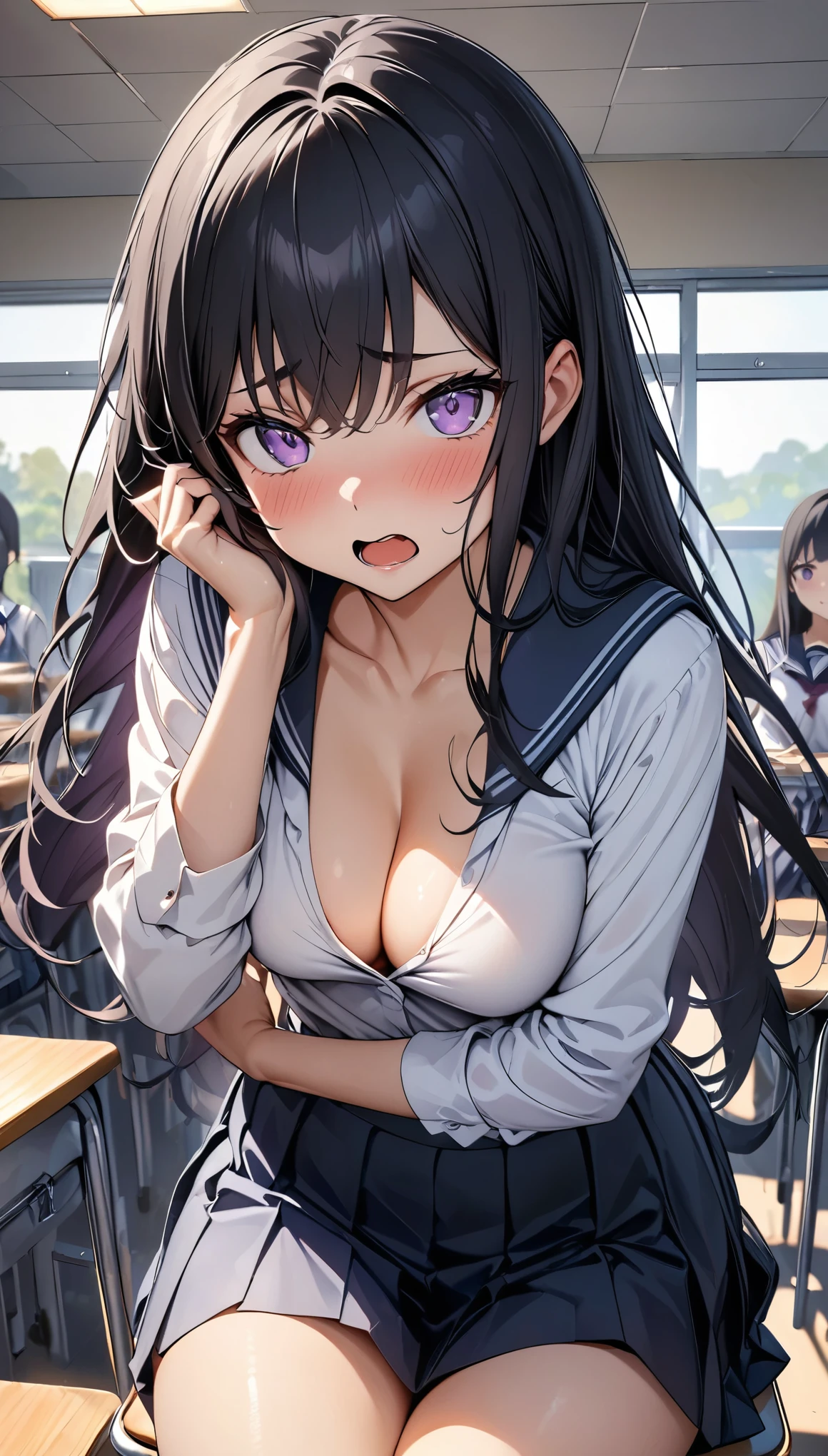 (cute eyes), (8K、Best image quality、highest quality、masterpiece)、Detailed face、Improve、(Black Hair, Purple Eyes, long hair)、(open mouth), (embarrassed), (skinny body),(medium breasts), (school uniform), (cleavage), Sit on a chair, Classroom Background, (black stockings), (Thighs), (Waistline)