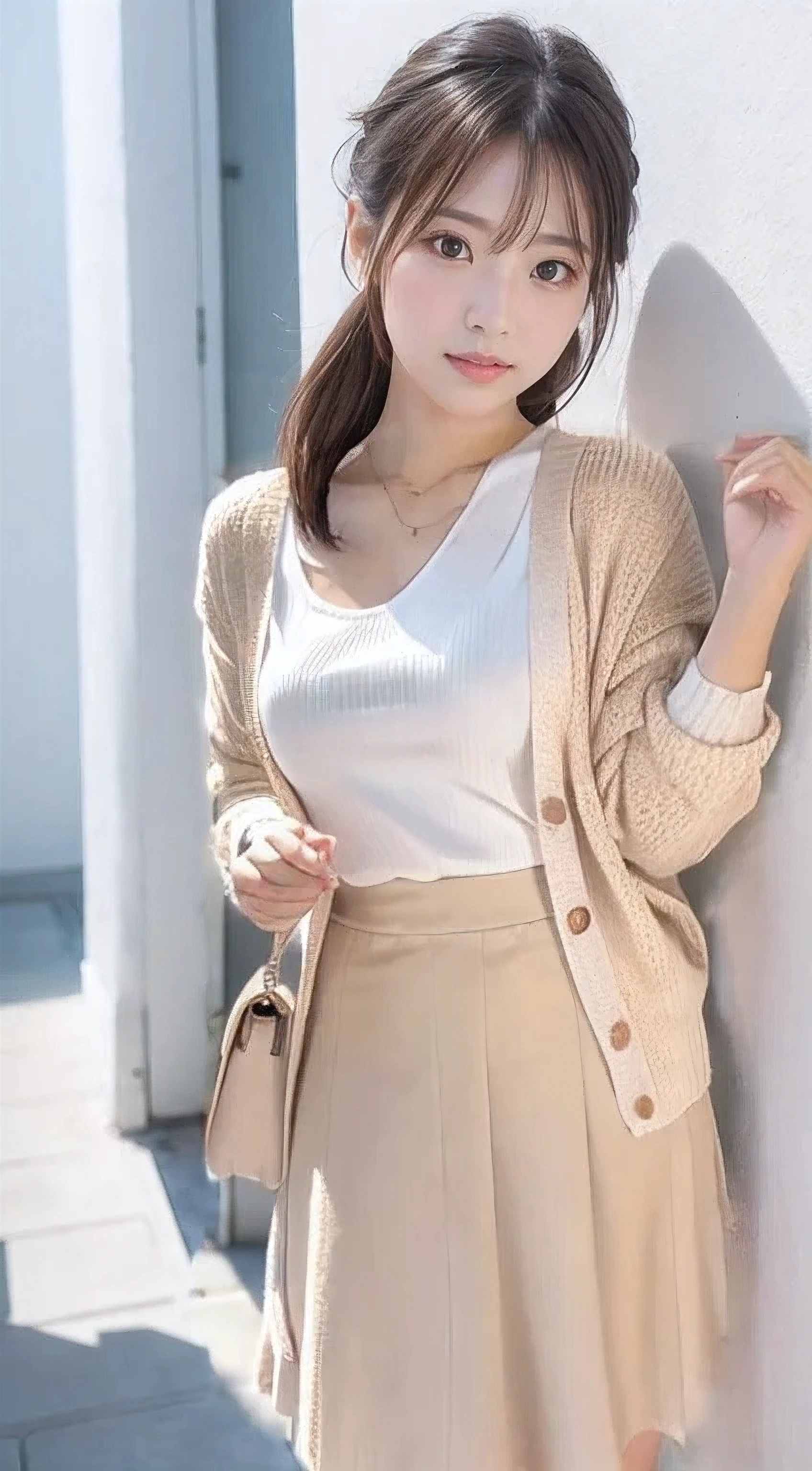 (pastel cardigan、A simple camisole as an inner layer、 Beige flared midi skirt)、Perfect Anatomy