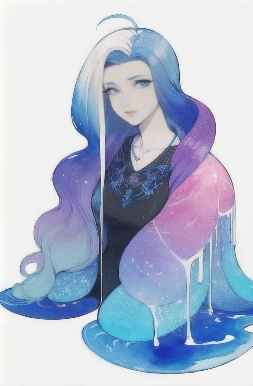 (Obra de arte, maximum quality, melhor qualidade,Watercolor (average),arte oficial, beautiful and aesthetic:1.2),(1 garota:1.3), (arte fractal:1.3),tronco, de lado, olhando para o espectador,standards,(rainbow colored hair,Colorida hair,cabelo meio azul e meio rosa:1.2),Water,liquid, nuvem,Colorida, estrelado,estrelas,