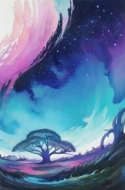 (Obra de arte, maximum quality, melhor qualidade,Watercolor (average),arte oficial, beautiful and aesthetic:1.2),(1 garota:1.3), (arte fractal:1.3),tronco, de lado, olhando para o espectador,standards,(rainbow colored hair,Colorida hair,cabelo meio azul e meio rosa:1.2),Water,liquid, nuvem,Colorida, estrelado,estrelas,
