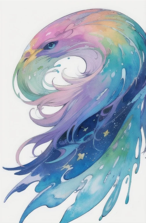 (Obra de arte, maximum quality, melhor qualidade,Watercolor (average),arte oficial, beautiful and aesthetic:1.2),(1 garota:1.3), (arte fractal:1.3),tronco, de lado, olhando para o espectador,standards,(rainbow colored hair,Colorida hair,cabelo meio azul e meio rosa:1.2),Water,liquid, nuvem,Colorida, estrelado,estrelas,