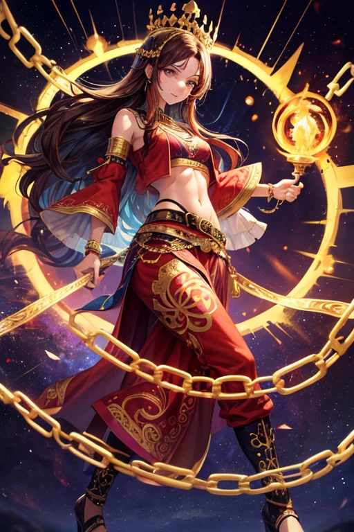 Woman in her 30s, long brown hair, pelo largo desordenado, ojos verdes, ropa de djinn, chaleco abierto sin mangas rojo, red vest with black arabic print, golden arabic pants, Golden Belt, pulsera djinn con gemas, botas marrones, botas marrones, fosforescentes tatuajes de color violeta, surrounded by fire and violet smoke with magic circles with chains tied to hands and feet surrounded by white chains on a background of arabic ruins. with magic circles and a crown of fire on his head, slim build