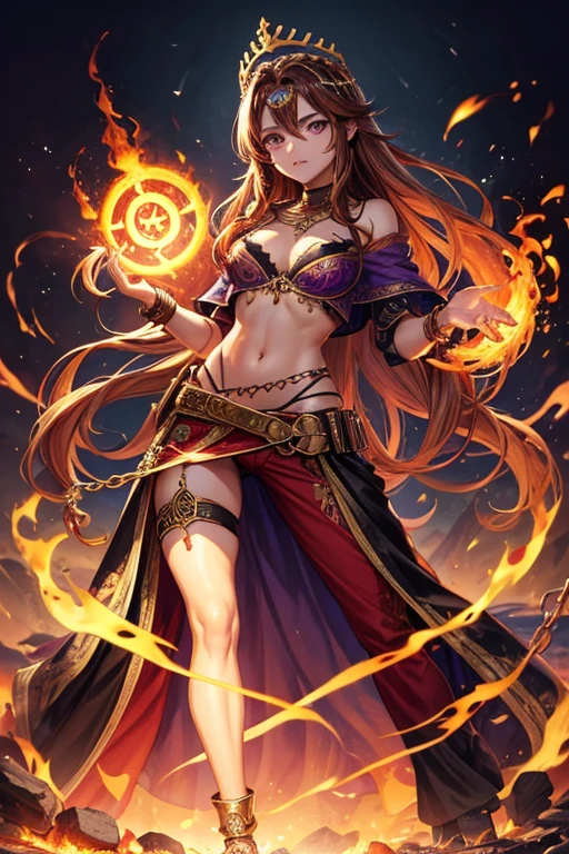 Woman in her 30s, long brown hair, pelo largo desordenado, ojos verdes, ropa de djinn, chaleco abierto sin mangas rojo, red vest with black arabic print, golden arabic pants, Golden Belt, pulsera djinn con gemas, botas marrones, botas marrones, fosforescentes tatuajes de color violeta, surrounded by fire and violet smoke with magic circles with chains tied to hands and feet surrounded by white chains on a background of arabic ruins. with magic circles and a crown of fire on his head, slim build