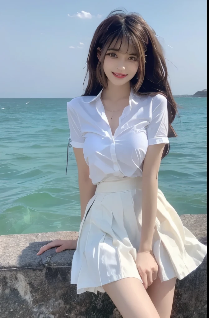 Beautiful woman with perfect body:1.4,Layered Hairstyle,Prominent cleavage:1.2,Highly detailed face and skin textures,Double eyelids,Skin Whitening,Long hair,Whitened long legs,(White shirt,Pleated Skirt)Standing by the sea