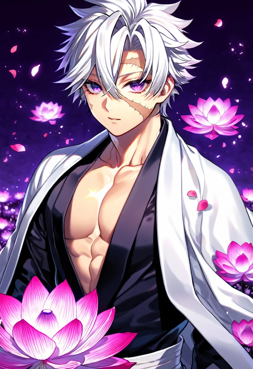 Ultra detailed, HDR, Highres, absurdres, master piece, Shinazugawa Sanemi, white hair, expressive dark purple eyes, hair between the eyes, scar on his face, black clothes, white haori, Kimetsu No Yaiba, purple glittering butterflies, petals, purple lotus, handsome, magical, sexy man, toned chest, extremely detailed face and eyes, glittering, fantasy, purple background, perfect face, best quality, purple water,