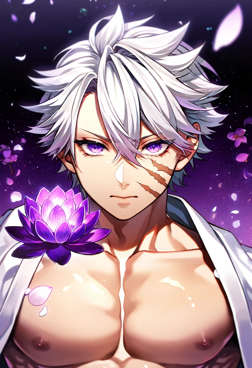 Ultra detailed, HDR, Highres, absurdres, master piece, Shinazugawa Sanemi, white hair, expressive dark purple eyes, hair between the eyes, scar on his face, black clothes, white haori, Kimetsu No Yaiba, purple glittering butterflies, petals, purple lotus, handsome, magical, sexy man, toned chest, extremely detailed face and eyes, glittering, fantasy, purple background, perfect face, best quality, purple water,