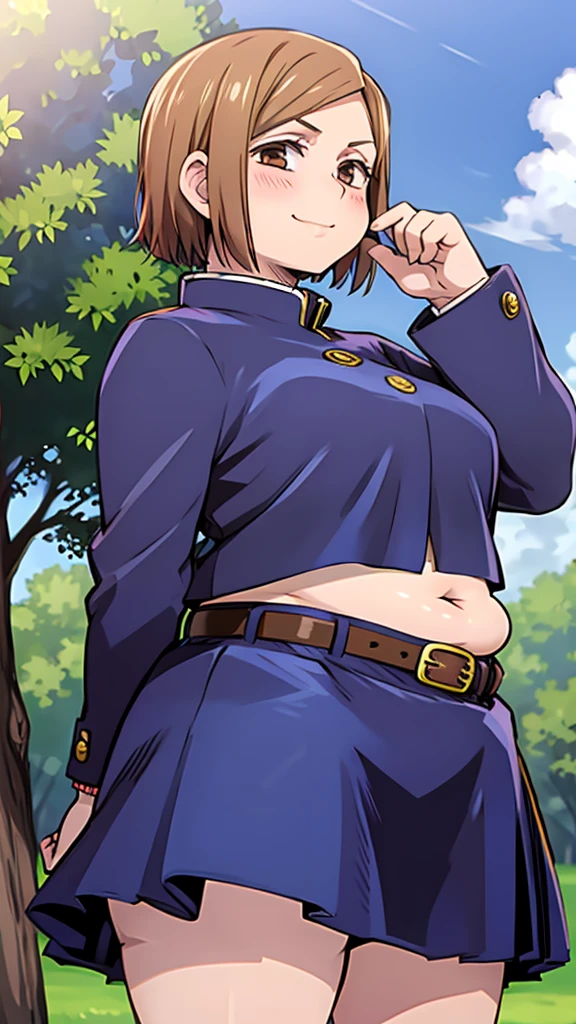 NobaraKugisaki, gakuran,cropped jacket, belt,high-waist skirt, blush,looking up,closed mouth,smile, chubby, chubby girl, park, sunny day, happy eyes, chubby belly
