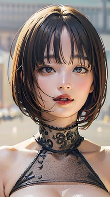 (Top quality masterpiece:1.2) Delicate illustrations, Very detailed, /Beautiful Japanese Women、1 person,Very cute and slim、Great style 、((8k images、super high quality))、Very delicate face, beautifule forehead、Large Breasts、Bright red lipstick,(((((short hair、Light brown hair、Blonde Hair))))),very cute、Kind eyes,((((lingerie))))