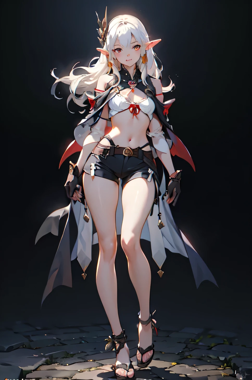 ((BLACK BACKGROUND 1:2)) (Cammy White Street Fighter 6 | Goofy AI) Female full body standing straight symmetrical, looking at viewer, (breastplate, choker, bracers, handcuffs, shackles, rerebrace, armored, high boots bootstraps), lustful smirking smile face red blushed red cheeks, (hands (clenching) on hips) shoulder armor, faulds, poleyn, gloves, gauntlets, FEET TOGETHER, RED LOINCLOTH STANDING SYMMETRICAL
