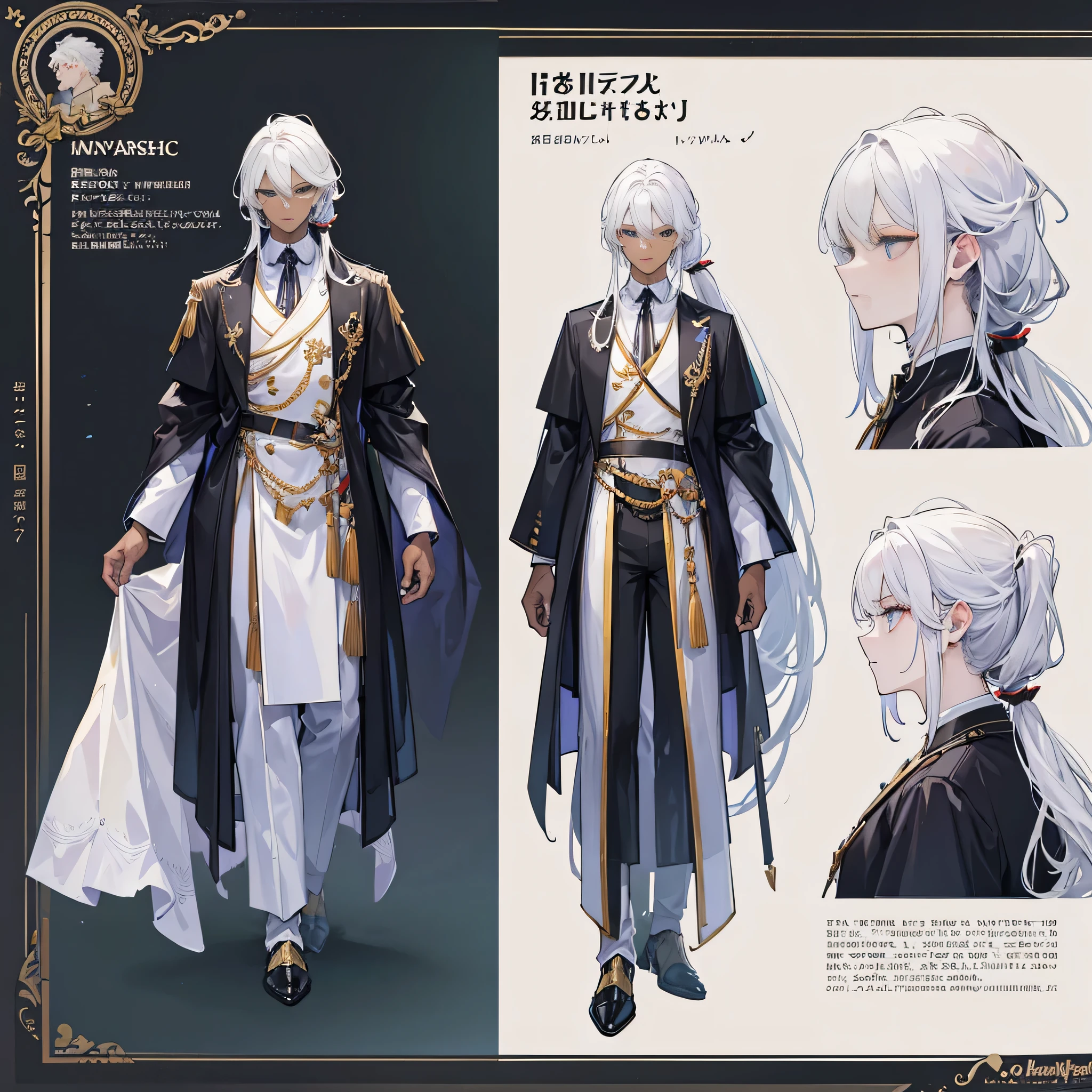 ((Masterpiece, Highest quality)), Male, boy, Detailed face, character design sheet,full bodyesbian, Full of details, frontal body view, back body view, Highly detailed, character sheet, reference sheet, character design, Many parts, dark skin, angel wings, white hair, angel outfit, Muscle boy with white long ponytail hair,handsome man, male angel , man tall,