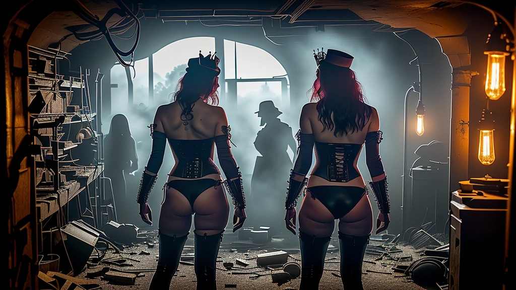 (He-Man Punk)(A steam Punk Villainess plots to capture He-Man) Surrounding the scene, the lab is a chaotic mess. Shattered glass and debris litter the floor, revealing hidden tunnels and secret passages leading to the mole people's underground kingdom. The walls are adorned with vintage scientific apparatus and steampunk-inspired machinery, with flickering gas lamps casting a dim but warm glow across the room. As the queen emerges from the machine, her blue skin glows with an ethereal radiance. Her eyes, captivating and full of depth, seem to hold a sense of mystery. Her lush, curled lashes frame her eyes, accentuating their beauty. The queen's dark, flowing hair cascades down her back, partially covering her backless corset and intricate leather attire(with skull Motif). In the background, a group of mole people (Pale skinned women, fur bikini clad, bald, tiny eyes, big noses, busty, drilling equipment) , with their pale and grubby skin, are gathered around in awe and reverence at their queen's entrance. They wear tattered clothing adorned with gears, goggles, and other steam punk accessories. Some wield primitive but intriguing underground weapons, ready to defend their queen and their homeland. The color palette of the scene reflects the steampunk aesthetic - a combination of warm earthy tones, brass tones, and deep blues. The lighting, characterized by the flickering gas lamps
(Show the Queen of the Mole People from head to toe, show her inspecting the lab)