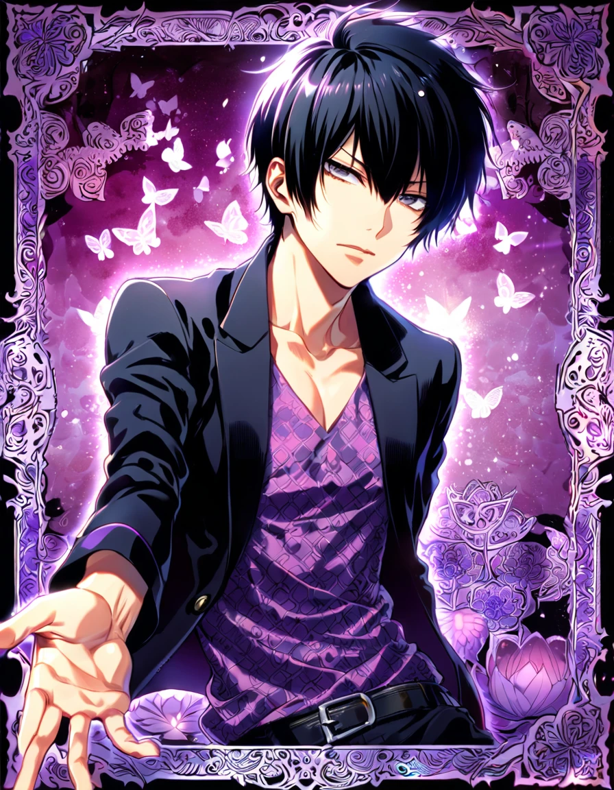 absurdres, highres, ultra detailed, HDR, master piece, best quality, Hibari Kyouya, black hair, expressive gray eyes, katekyo hitman reborn!, solo, handsome, sexy man, toned chest, black jacket, purple shirt, patterns, magical, fantasy, purple background, purple lotus, shining, purple petals, purple sparkling butterflies, purple water