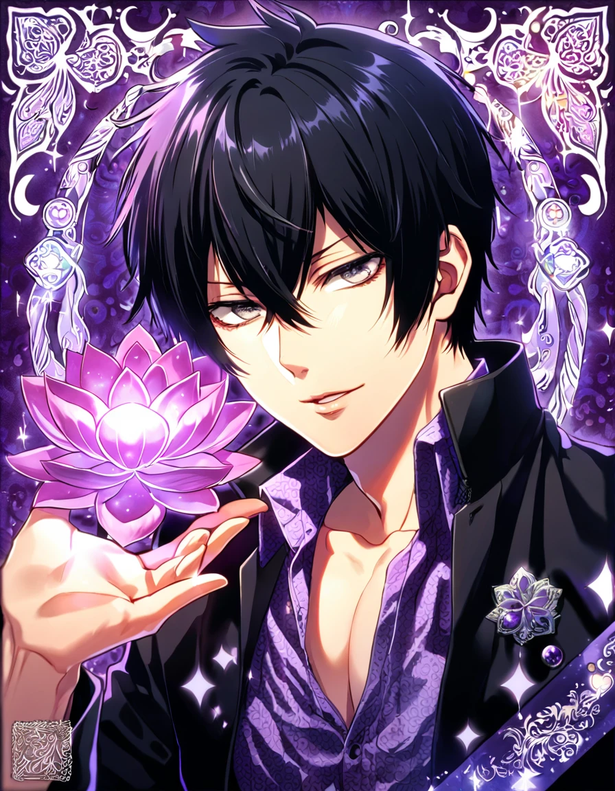 absurdres, highres, ultra detailed, HDR, master piece, best quality, Hibari Kyouya, black hair, expressive gray eyes, katekyo hitman reborn!, solo, handsome, sexy man, toned chest, black jacket, purple shirt, patterns, magical, fantasy, purple background, purple lotus, shining, purple petals, purple sparkling butterflies, purple water