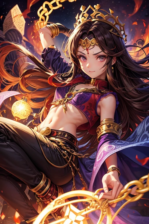 Woman in her 30s, long brown hair, pelo largo desordenado, ojos verdes, ropa de djinn, chaleco abierto sin mangas rojo, red vest with black arabic print, golden arabic pants, Golden Belt, pulsera djinn con gemas, botas marrones, botas marrones, fosforescentes tatuajes de color violeta, surrounded by fire and violet smoke with magic circles with chains tied to hands and feet surrounded by white chains on a background of arabic ruins. with magic circles and a crown of fire on his head, slim build