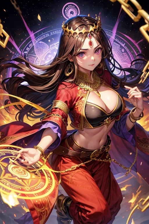 Woman in her 30s, long brown hair, pelo largo desordenado, ojos verdes, ropa de djinn, chaleco abierto sin mangas rojo, red vest with black arabic print, golden arabic pants, Golden Belt, pulsera djinn con gemas, botas marrones, botas marrones, fosforescentes tatuajes de color violeta, surrounded by fire and violet smoke with magic circles with chains tied to hands and feet surrounded by white chains on a background of arabic ruins. with magic circles and a crown of fire on his head, slim build