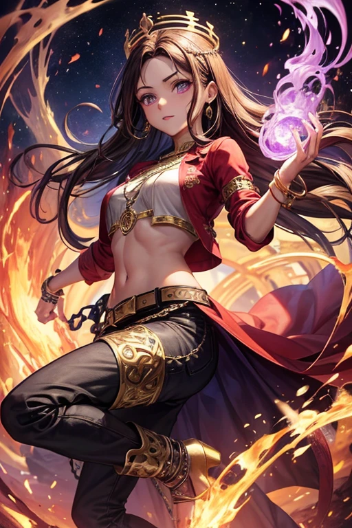 Woman in her 30s, long brown hair, pelo largo desordenado, ojos verdes, ropa de djinn, chaleco abierto sin mangas rojo, red vest with black arabic print, golden arabic pants, Golden Belt, pulsera djinn con gemas, botas marrones, botas marrones, fosforescentes tatuajes de color violeta, surrounded by fire and violet smoke with magic circles with chains tied to hands and feet surrounded by white chains on a background of arabic ruins. with magic circles and a crown of fire on his head, slim build