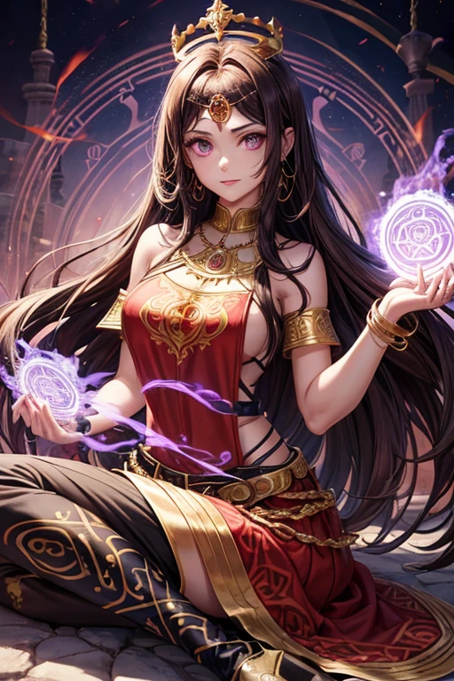 Woman in her 30s, long brown hair, pelo largo desordenado, ojos verdes, ropa de djinn, chaleco abierto sin mangas rojo, red vest with black arabic print, golden arabic pants, Golden Belt, pulsera djinn con gemas, botas marrones, botas marrones, fosforescentes tatuajes de color violeta, surrounded by fire and violet smoke with magic circles with chains tied to hands and feet surrounded by white chains on a background of arabic ruins. with magic circles and a crown of fire on his head, slim build