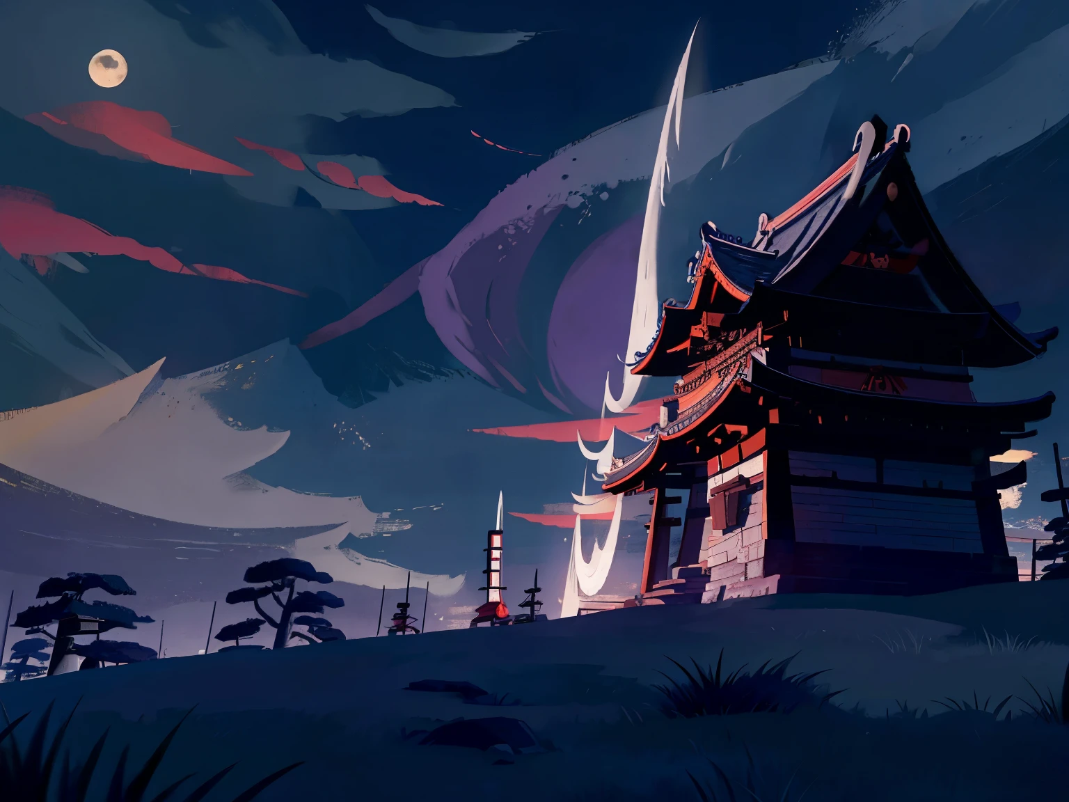 Moonlit samurai training grounds, night time