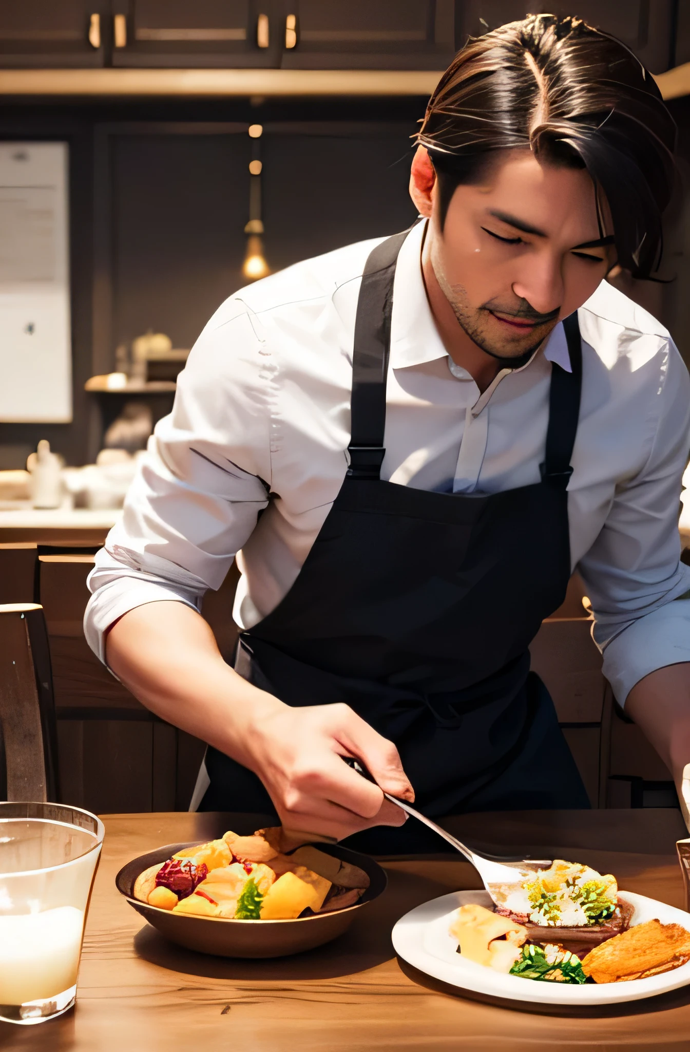 A dog sits at the dining table,The table is full of delicious food,A man stands behind a dog,Touching the dog's head