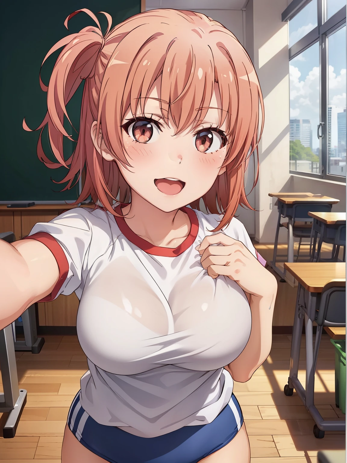 ((highest quality, High resolution,  Perfect Pixel,  4k)), (1 girl),  (Beautiful Anime Girls), 
Watching the audience, 
Perfect body, 

yuigahama yui, (Big Breasts:1.2)、Detailed eyes、Brown eyes、、Chibi Character、

(blush:1.1)、smile、Open your mouth a little、

(wearing navy buruma and gym uniform with colored hem:1.1),

School classroom、blackboard、machine、Depth of written boundary、
Focus on the chest、

(Selfie)、