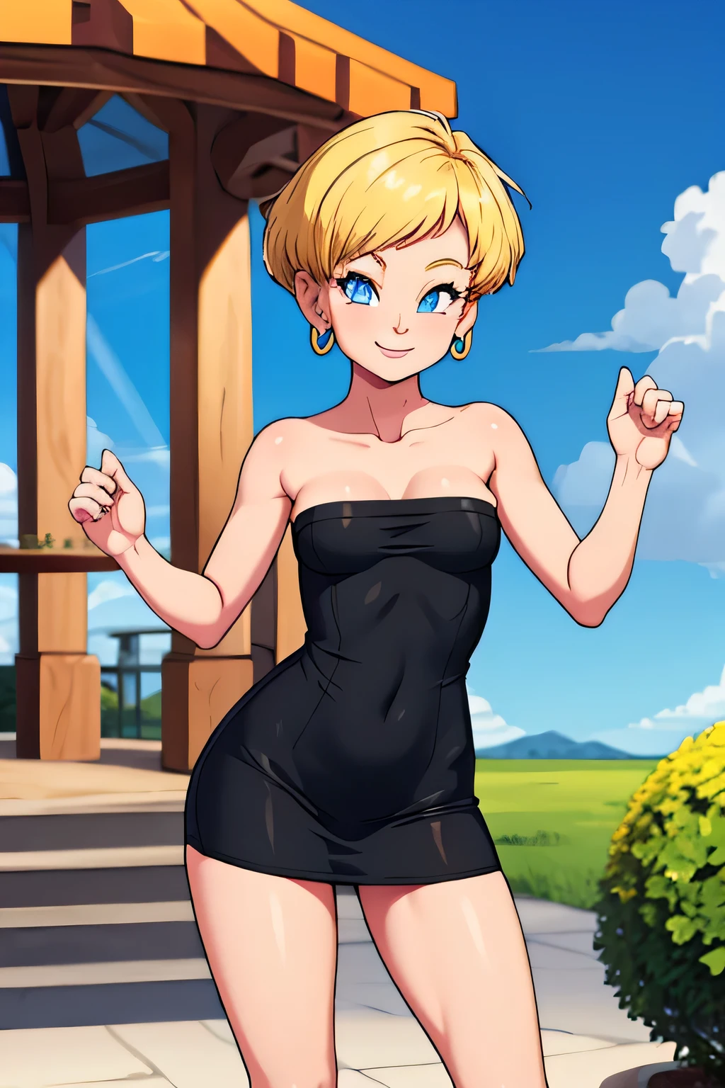 erasa, blonde hair, short hair, blue eyes, earrings, black dress, short black dress, bodycon, skin-tight dress, strapless, small breast, 1 girl, solo, smile, seductive, park, hill, outdoor gazebo, sunlight, blue sky, Masterpiece,