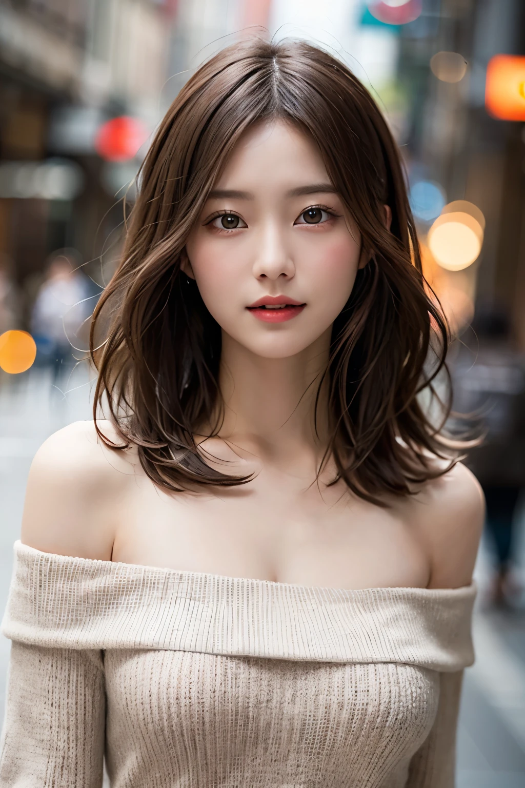 (8k、RAW Photos、highest quality、masterpiece:1.2)、(Realistic、Photorealistic:1.37)、Very detailed、Ultra-high resolution、1 girl、Seeing the viewer、Beautiful and elaborate face、Laughter、narrow、(Slim waist) :1.3)、Shortcuts、Beautiful, smooth skin、huge breasts of beautiful shape、Skin Texture、Floating Hair、Professional Lighting、The whole human body、Brown Hair、whole body、Off-the-shoulder knit dress